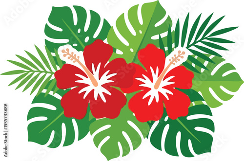 Brighten your design with this tropical hibiscus flower vector set featuring pink, red, orange, and teal blooms paired with lush monstera and palm leaves
