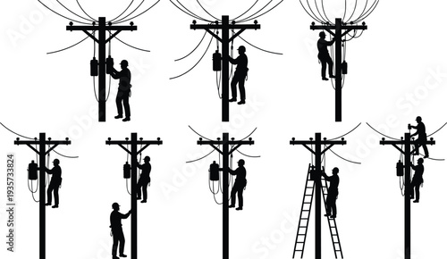 Silhouette set of electrical linemen repairing power lines on utility poles with ladders and cables, professional electricity workers maintenance and energy infrastructure illustration