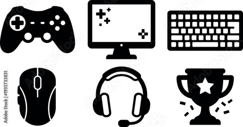 Flat design icons gaming controller monitor keyboard mouse headset and trophy set top view simple black vector minimalist scalable editable