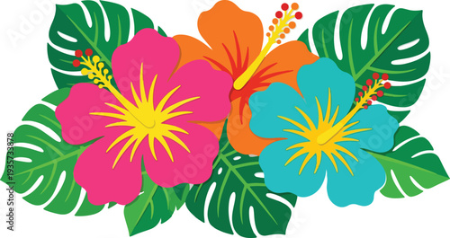 Brighten your design with this tropical hibiscus flower vector set featuring pink, red, orange, and teal blooms paired with lush monstera and palm leaves