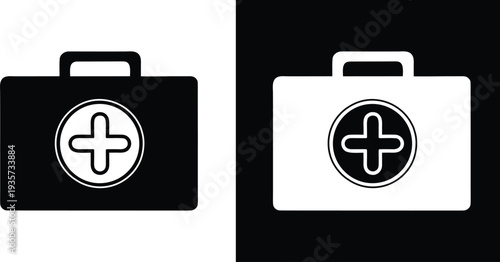 First Aid Box icon. Line act and Solid Black Healthcare Bag Vector silhouette  Illustration. Medical kit icon line art vector