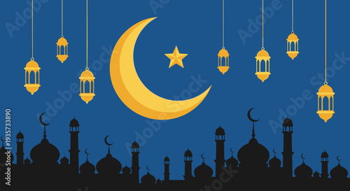 Ramadan Kareem Night Illustration with Mosque, Lanterns, Crescent Moon and Iftar Dates