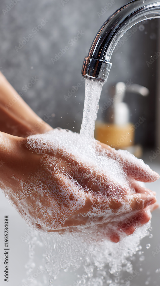 Fototapeta premium Hands being washed with soap under running water from a faucet, symbolizing hygiene, cleanliness, infection prevention, and proper handwashing for health and safety