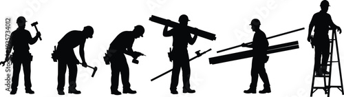 Construction worker silhouettes with hammer, tools and ladder carrying materials, professional builders isolated vector set for building repair and renovation