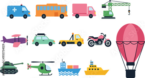 Transportation and Vehicle Flat Icon Set Featuring Ambulance Bus Delivery Truck Crane Airplane Car Tow Truck Motorcycle Helicopter Ship Tank and Hot Air Balloon.
