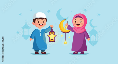 Ramadan Kareem Night Illustration with Mosque, Lanterns, Crescent Moon and Iftar Dates