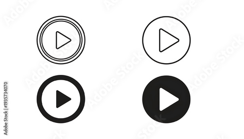 Play buttons set with different styles and designs for media control featuring simple icons, black and white, simple shapes with minimalist design
