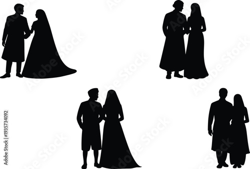 Traditional couple silhouettes, cultural wedding attire, romantic pair poses, ceremonial clothing, elegant formal dress, intimate connection, timeless love, heritage fashion
