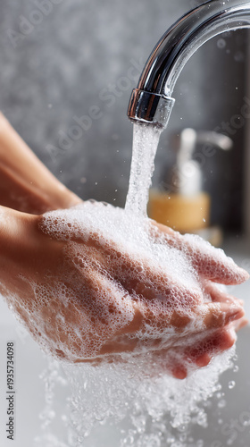 Hands being washed with soap under running water from a faucet, symbolizing hygiene, cleanliness, infection prevention, and proper handwashing for health and safety