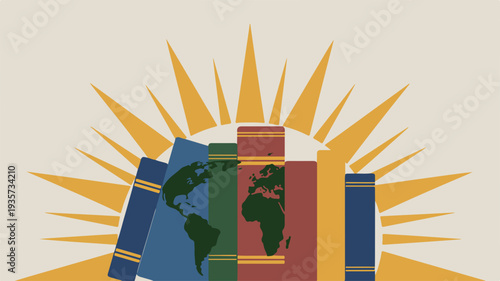 Vibrant books with world map and sunburst background symbolizing global knowledge and education