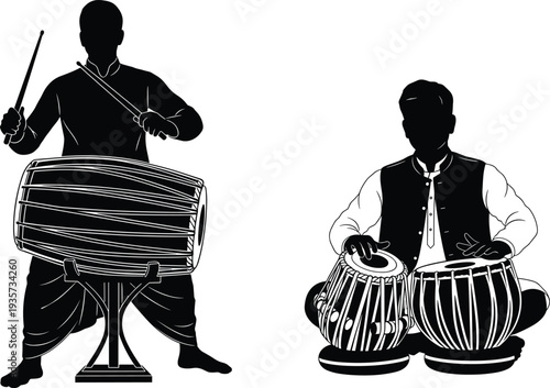 Indian music silhouette, dhol player, tabla musician, cultural heritage, traditional instruments, folk rhythm, classical percussion, celebration, art, performance