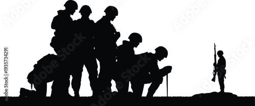 Silhouette of soldiers kneeling in military tribute, honoring fallen comrade, battlefield memorial scene, remembrance ceremony, sacrifice, unity, patriotism concept