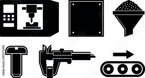 Flat design industrial icons set showing cnc milling machine control panel rivet caliper funnel conveyor belt and metal plate silhouette