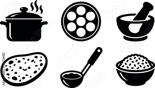 Flat design kitchen icons set six cooking silhouette symbols pot steam takoyaki pan mortar pestle potato ladle rice minimal