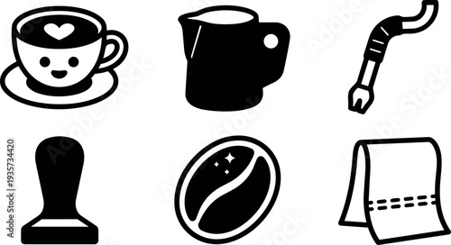 Line art close up coffee tools icons smiling cup milk pitcher steam wand tamper coffee bean filter bag white background