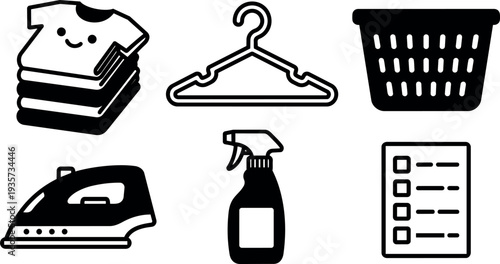 Minimalist flat vector laundry icons set showing folded clothes hanger basket iron spray bottle and checklist in black and white