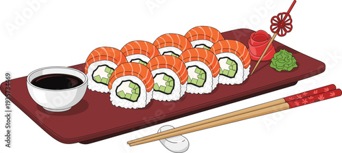 Japanese Salmon Sushi Rolls with Avocado and Cream Cheese on Platter with Soy Sauce Ginger and Wasabi Vector Illustration