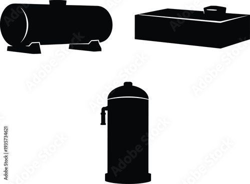 Black silhouettes of industrial tanks and containers