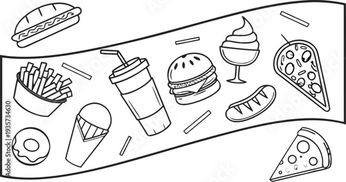 Slice of pepperoni pizza. Fast Food Doodle Line Art Illustration. Vector clip art illustration with simple gradients. All in a single layer.