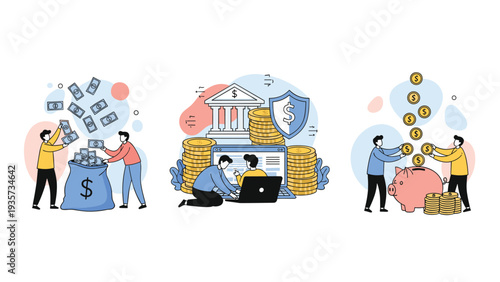 Business people managing financial savings and investments through banking services represented by money bags and piggy bank with gold coins.