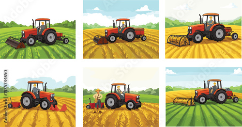 An old red tractor works the rural landscape, plowing the soil of a vast agricultural field under a clear blue sky to prepare the green land for the next harvest