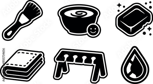 Minimalist sticker spa icons set close up massage brush soap towel oil drop and therapy bowl in bold outline vector