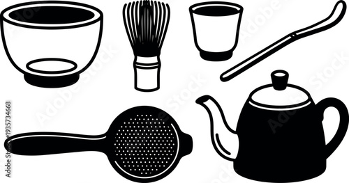 Line art top view japanese tea set with teapot whisk bowl strainer spoon close up minimalist black and white silhouette