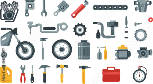 "A detailed collection of vector icons representing various motorbike parts and tools. Includes illustrations of helmets, engines, gears, spanners, wheels, and other motorcycle-related elements