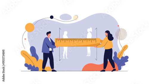 Professional man and woman holding a large wooden ruler used for measuring performance and standards in a modern business design environment.