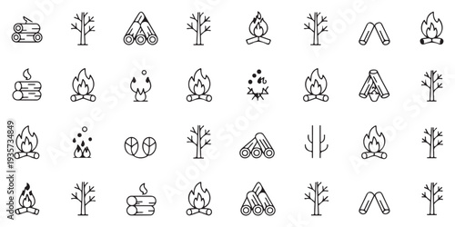Camping and bonfire line icons vector illustration set outdoors activity and adventure symbols