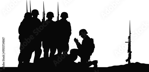 Silhouette soldiers praying at battlefield memorial, honoring fallen comrade, military tribute ceremony, remembrance concept, sacrifice, patriotism, unity, respect