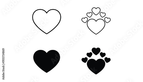 Hearts set with black outline and filled icons featuring heart, love, symbol with icon and collection elements for shape, graphic projects, clean