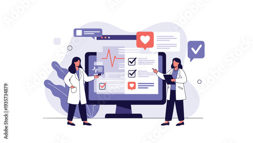 Two medical professionals discussing patient health data displayed on a large computer monitor with heart rate monitors and digital checklists.