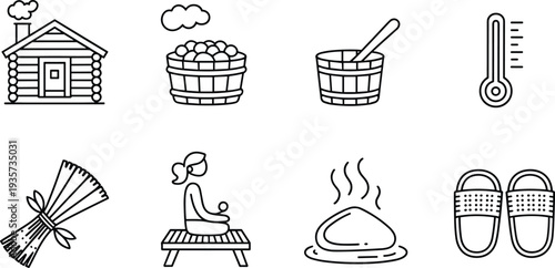 Sauna spa line icons set with wooden cabin bucket thermometer birch broom hot stones slippers and relaxation wellness elements
