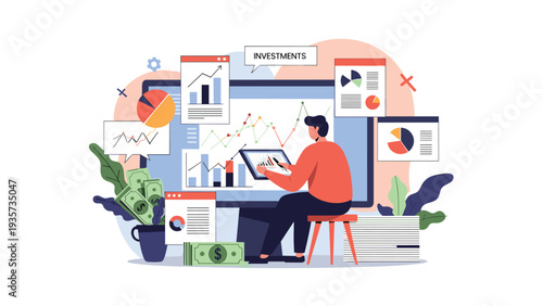 Financial analyst sitting at a desk analyzing various market investment charts and diagrams on multiple computer screens with cash savings.
