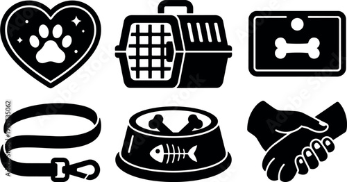 Flat design pet care icon set close up six silhouette icons heart paw carrier tag leash bowl and handshake adoption
