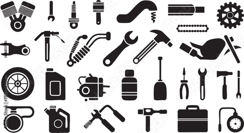 "A detailed collection of vector icons representing various motorbike parts and tools. Includes illustrations of helmets, engines, gears, spanners, wheels, and other motorcycle-related elements