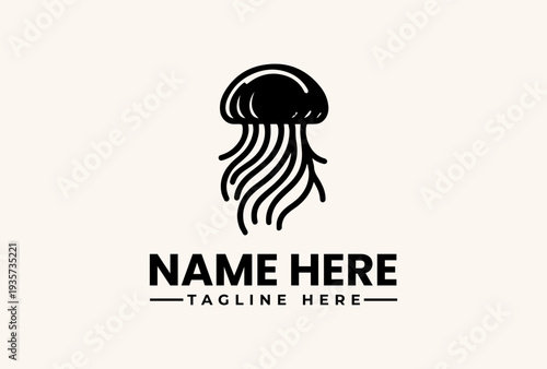 A simple black jellyfish logo with tentacles and a placeholder text in a clean, minimalist design on a beige background.
