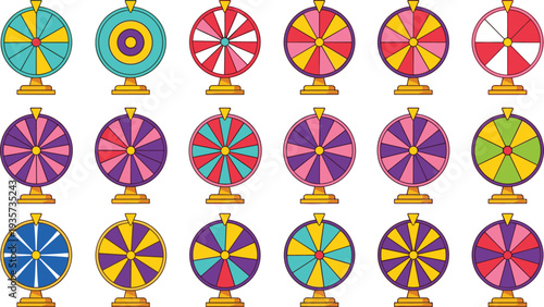 Colorful Spin Wheel Game Icon Set Featuring Lucky Prize Spinner Casino Carnival Fortune Wheel Contest and Gambling Game Elements.