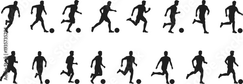 Soccer player running and dribbling ball silhouettes collection, football athlete action poses isolated on white background sports illustration