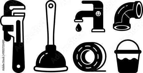 Flat design close up plumbing tool icons wrench plunger faucet elbow pipe tape roll bucket on white background clean minimal