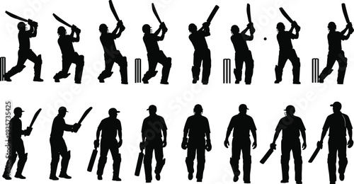 Cricket player silhouettes batting and walking with bat, professional cricketers in action poses isolated vector collection for sport competition design