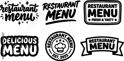 Flat design hand lettered restaurant menu badge set six black and white emblems with chef icon and ribbon details typography