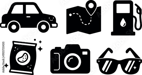 Flat design minimal travel and road trip icon set car map gas pump snacks camera sunglasses close up black silhouettes