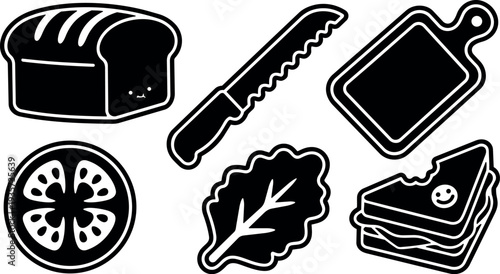 Flat sticker kawaii sandwich ingredients set loaf knife cutting board lettuce tomato slices smiling sandwich icons monochrome bold outline vector