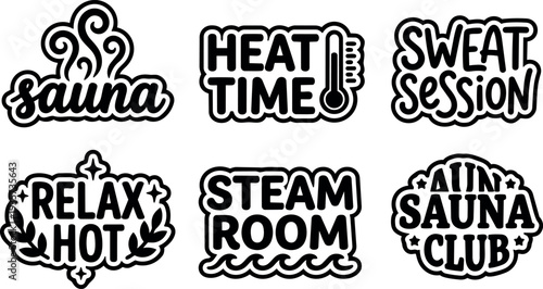 Flat design sticker set of bold outline sauna labels showing steam room heat sweat session relax hot icons monochrome typography