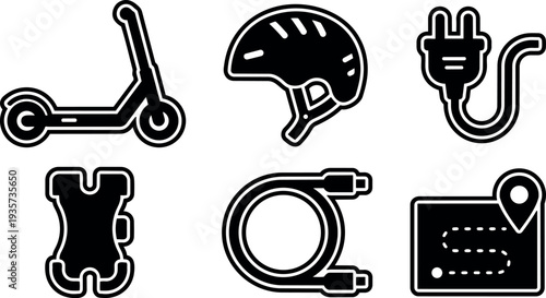 Flat design electric scooter accessories icons helmet charger cable safety vest route map commuting equipment black outline vector icon set