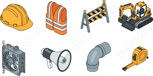 Construction equipment and safety tools collection including hard hat, excavator, barrier, megaphone and measuring tape in flat vector style for engineering and building industry