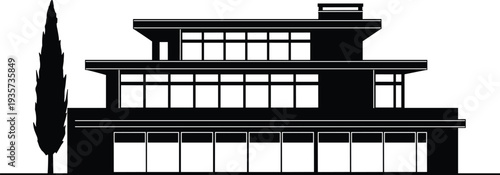 Modernist architectural building silhouette, minimalist design, flat roof, geometric structure, cantilevered sections, clean lines, symmetry, proportion, space, light