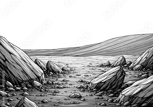 Barren Rocky Landscape with Hills in the Background - Black and White Illustration